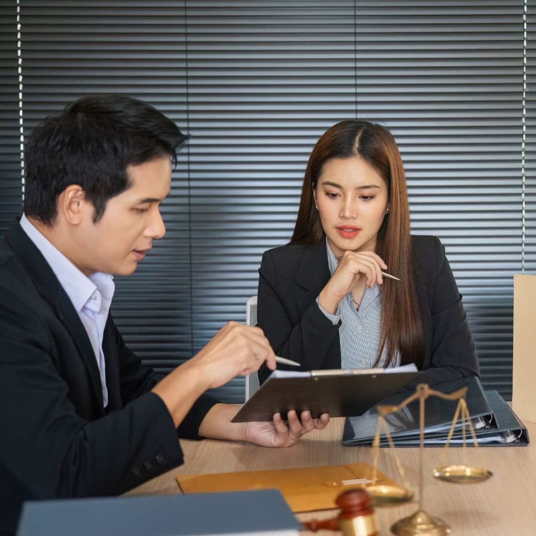 Two people discussing about legal documents